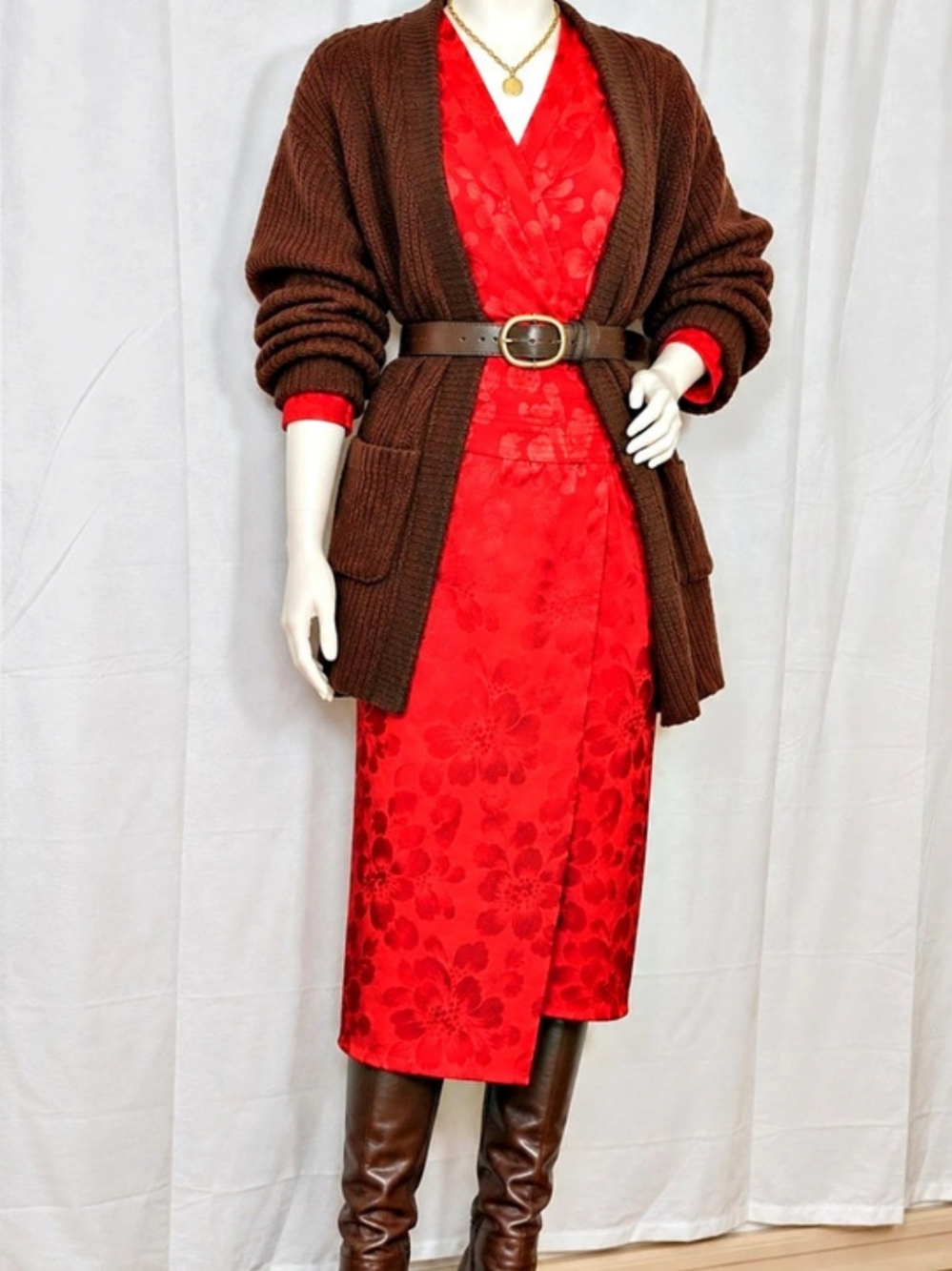 Vintage Billy Jack for Her Red Floral Jacquard Midi Dress Size 3/4